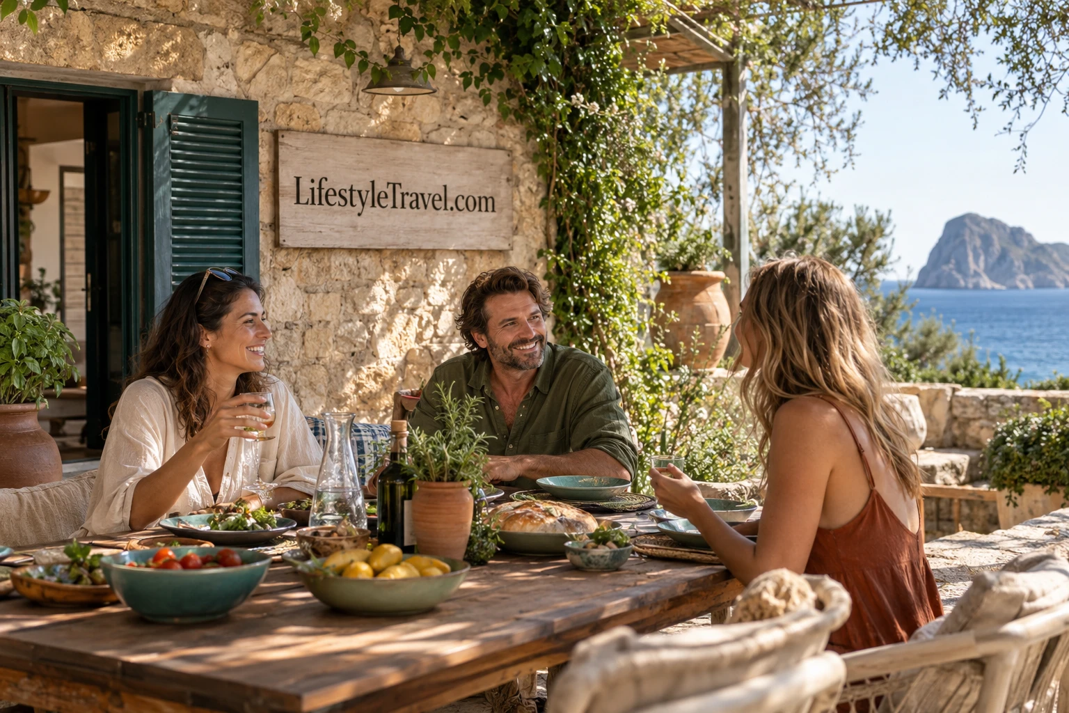 Travelers gathering at a coastal terrace for a relaxed shared meal